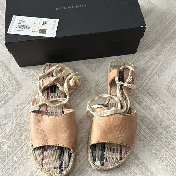 BURBERRY Women’s Shalicia Leather Ankle Espadrille Tan Tie Sandals - Picture 1 of 6